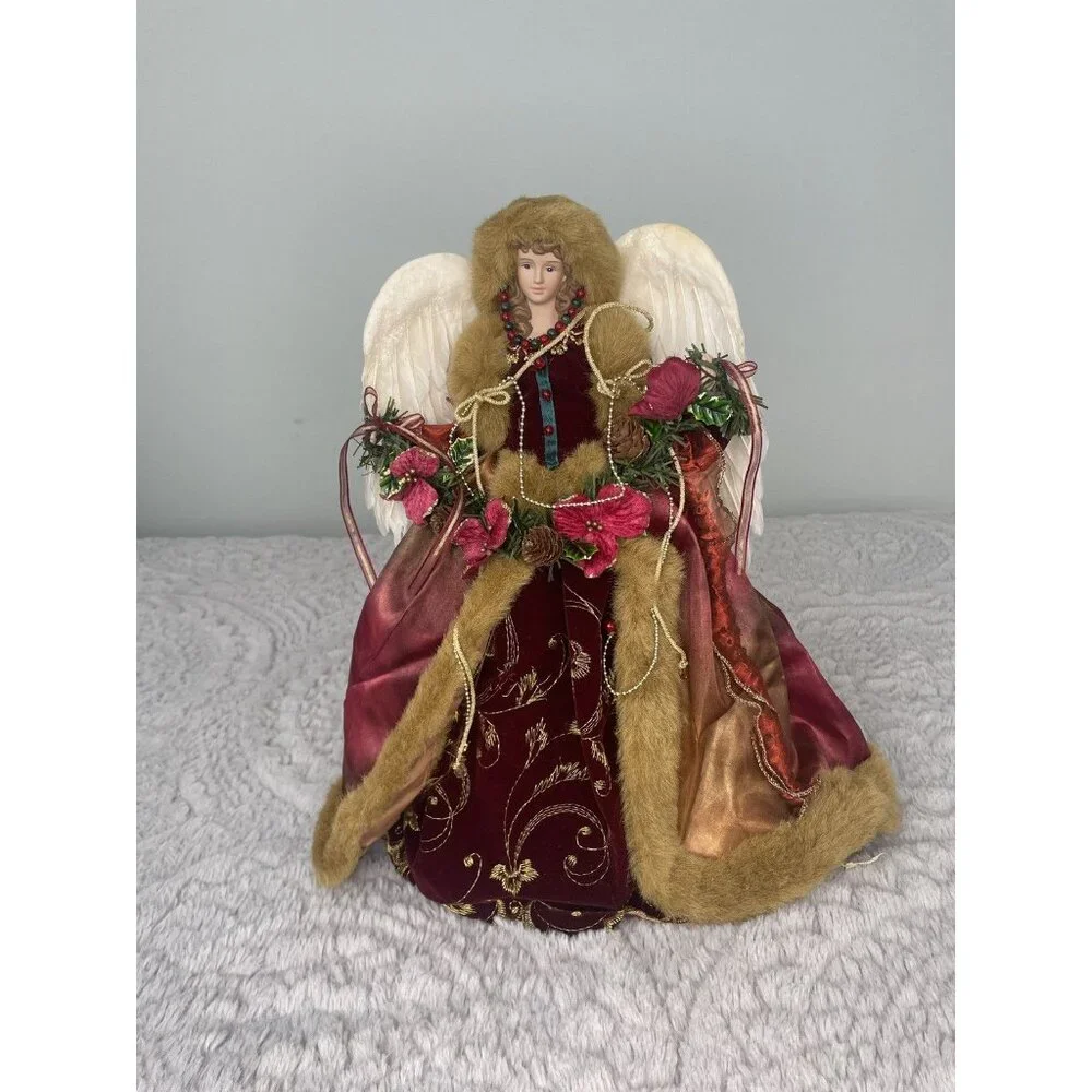 Vtg Christmas Angel Tree Topper Burgundy Gold Faux Fur Coat 16